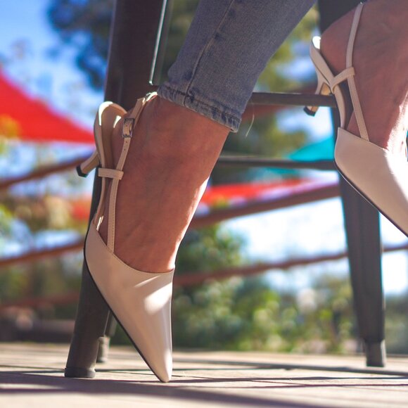 Sling Fling High White Heels – 55mm Leather Slingback Pumps, Comfortable - Picture 3 of 10